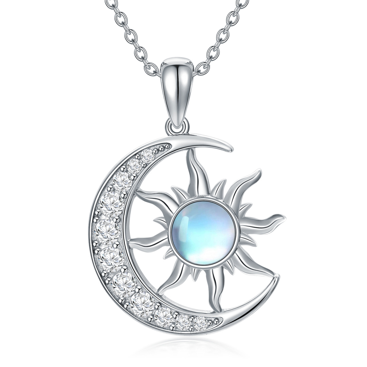 Sterling Silber kreisförmig Mondstein Mond & Sonne Anhänger Halskette-1