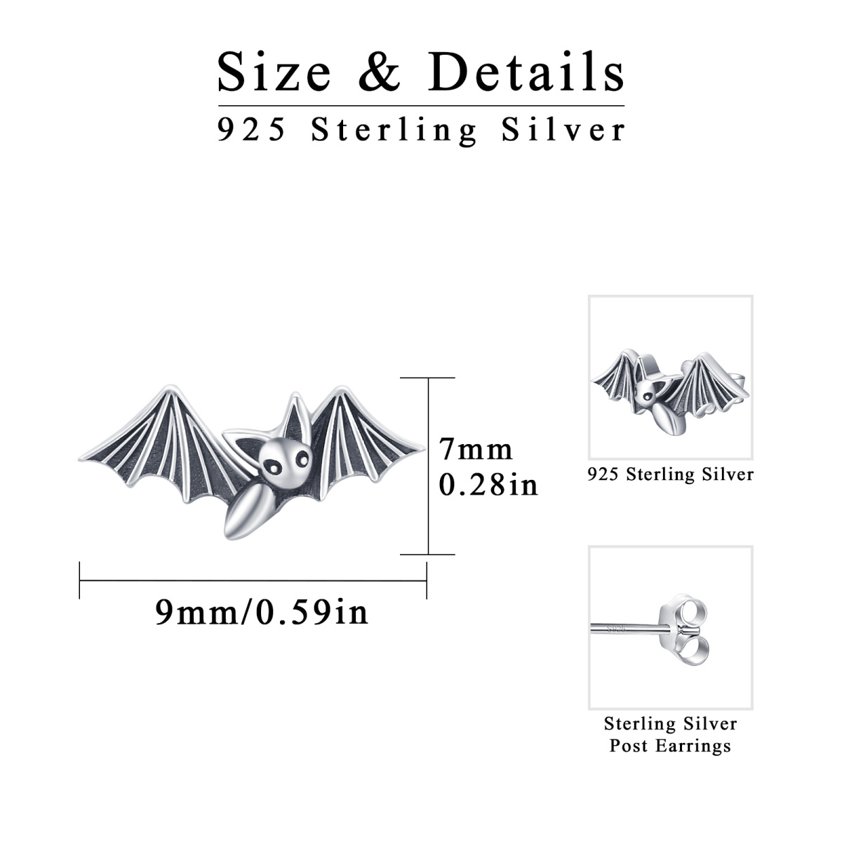 Sterling Silver Bat Stud Earrings-6