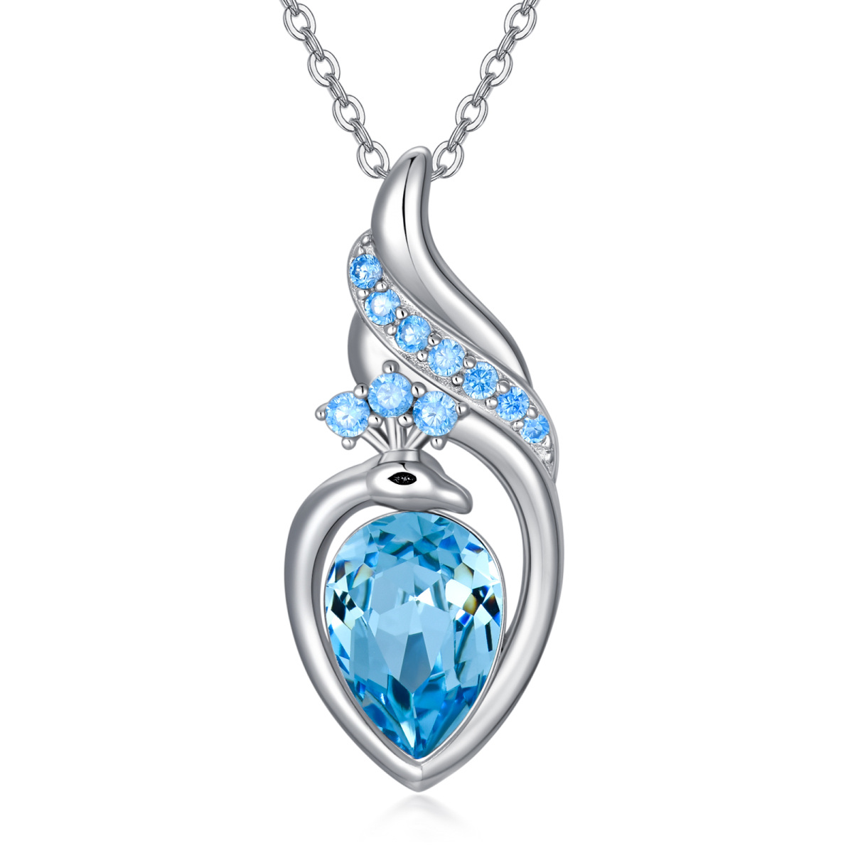 Sterling Silver Peacock Heart Blue Crystal Pendant Necklace-1