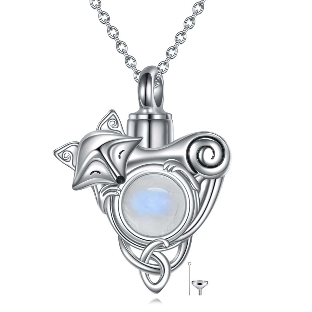 Sterling Silver Round Moonstone Fox Urn Necklace for Ashes-1