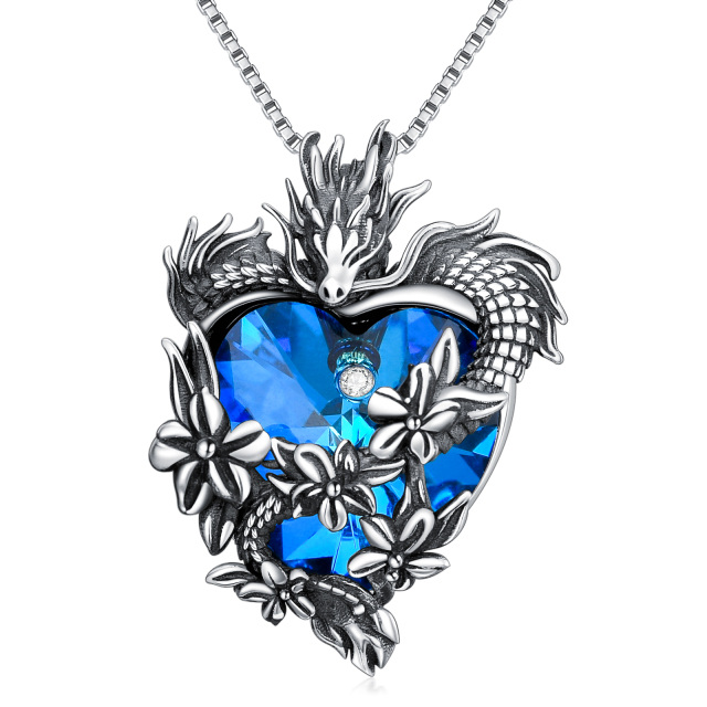 Colar de prata esterlina com pingente de cristal de dragão em forma de coração-0