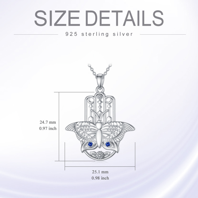 Sterling Silver Circular Shaped Cubic Zirconia Butterfly & Hamsa Hand Pendant Necklace-5