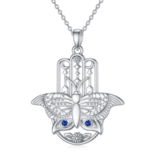 Sterling Silver Circular Shaped Cubic Zirconia Butterfly & Hamsa Hand Pendant Necklace-1