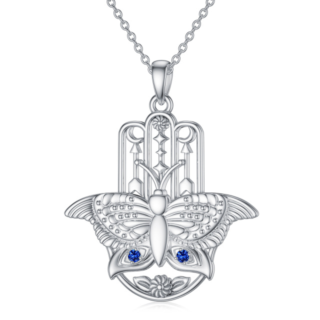 Sterling Silver Circular Shaped Cubic Zirconia Butterfly & Hamsa Hand Pendant Necklace-4