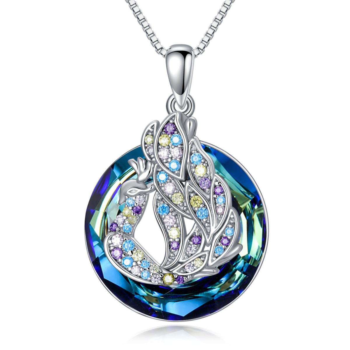 Sterling Silver Circular Shaped Peacock Crystal Pendant Necklace-1