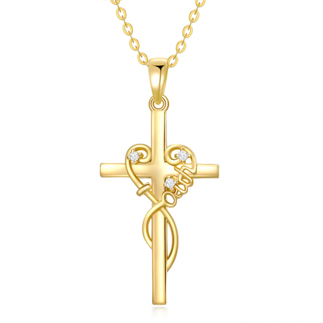 14K Gold kreisförmig Cubic Zirkonia Kreuz Anhänger Halskette-0