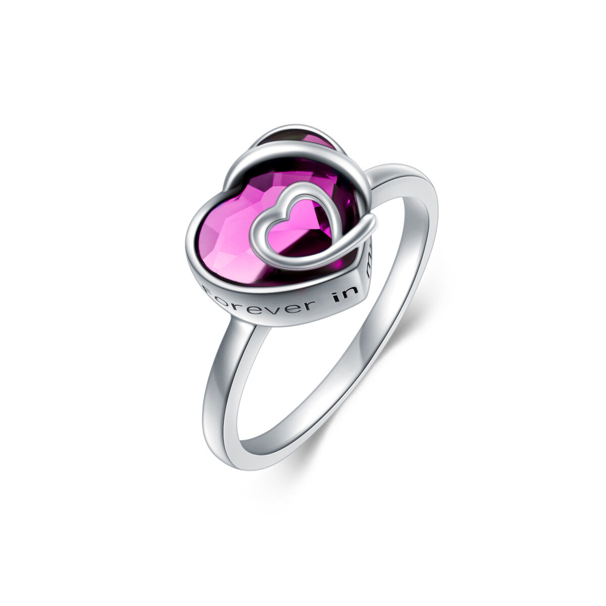 Sterling Silver Heart Shaped Crystal Heart Urn Ring with Engraved Word-1