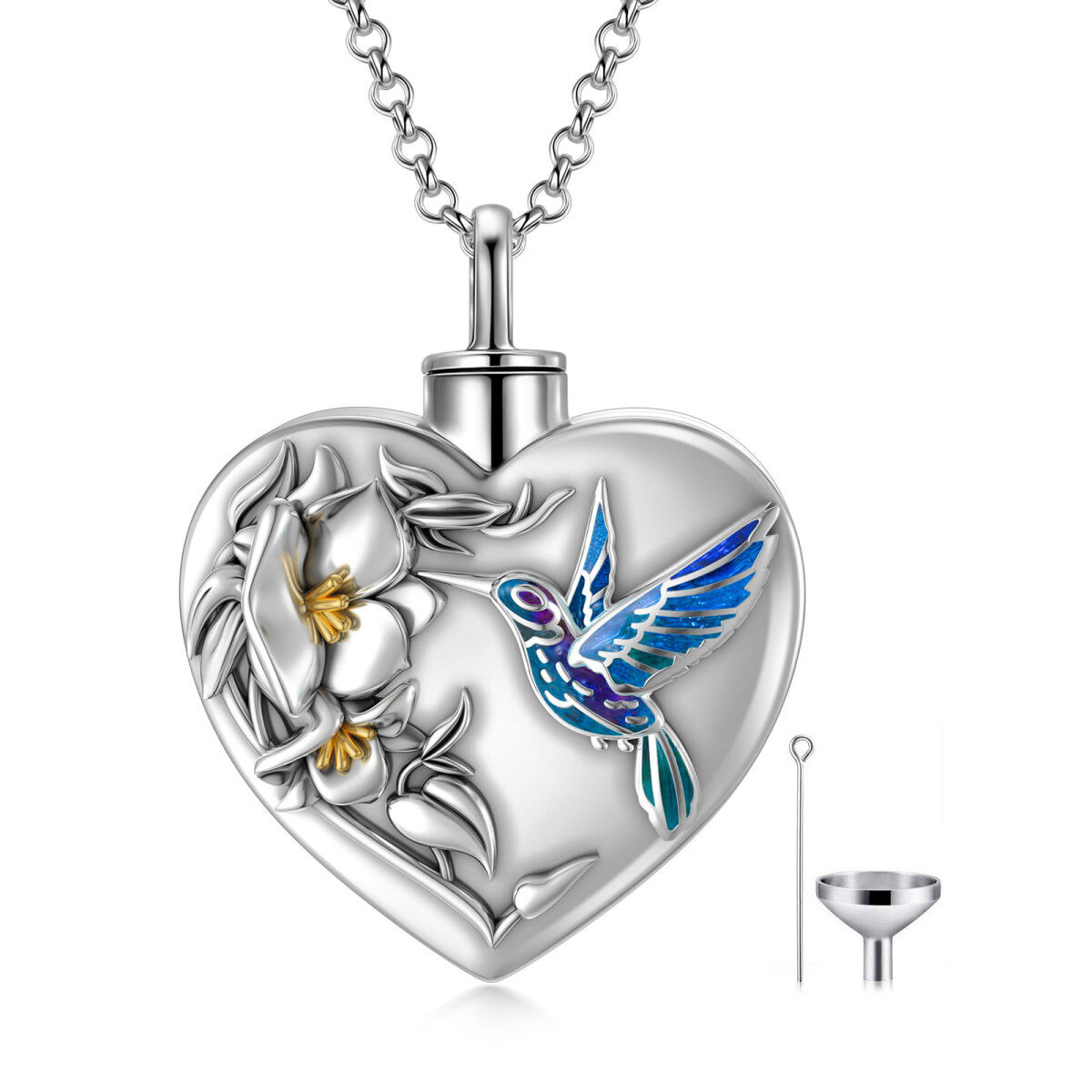 Sterling Silver Two-tone Hummingbird & Daffodil Heart Urn Necklace for Ashes-1