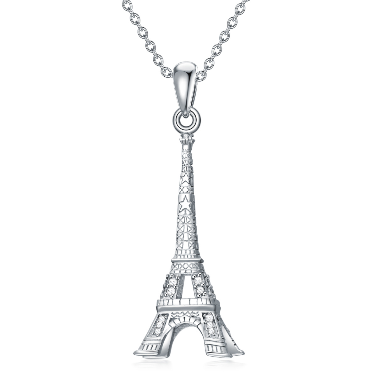 Sterling Silver Circular Shaped Cubic Zirconia Eiffel Tower Pendant Necklace-1