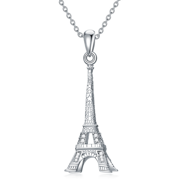 Sterling Silver Circular Shaped Cubic Zirconia Iron Tower Pendant Necklace-1