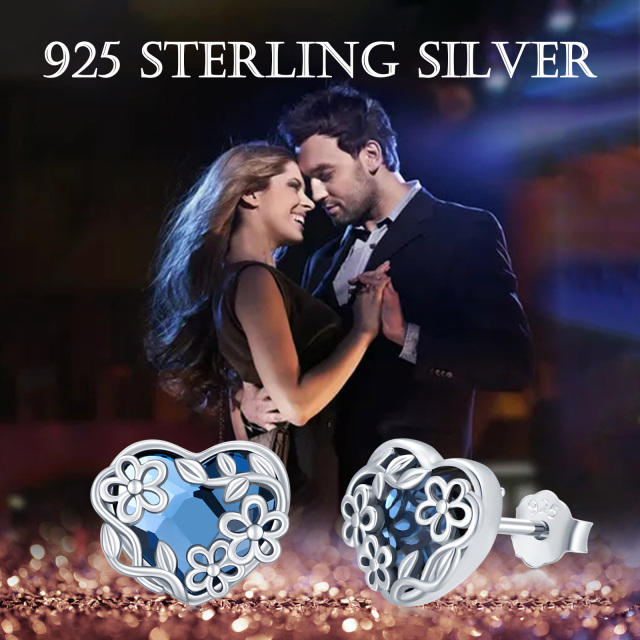 Sterling Silver Heart Shaped Crystal Daisy & Heart Stud Earrings-4