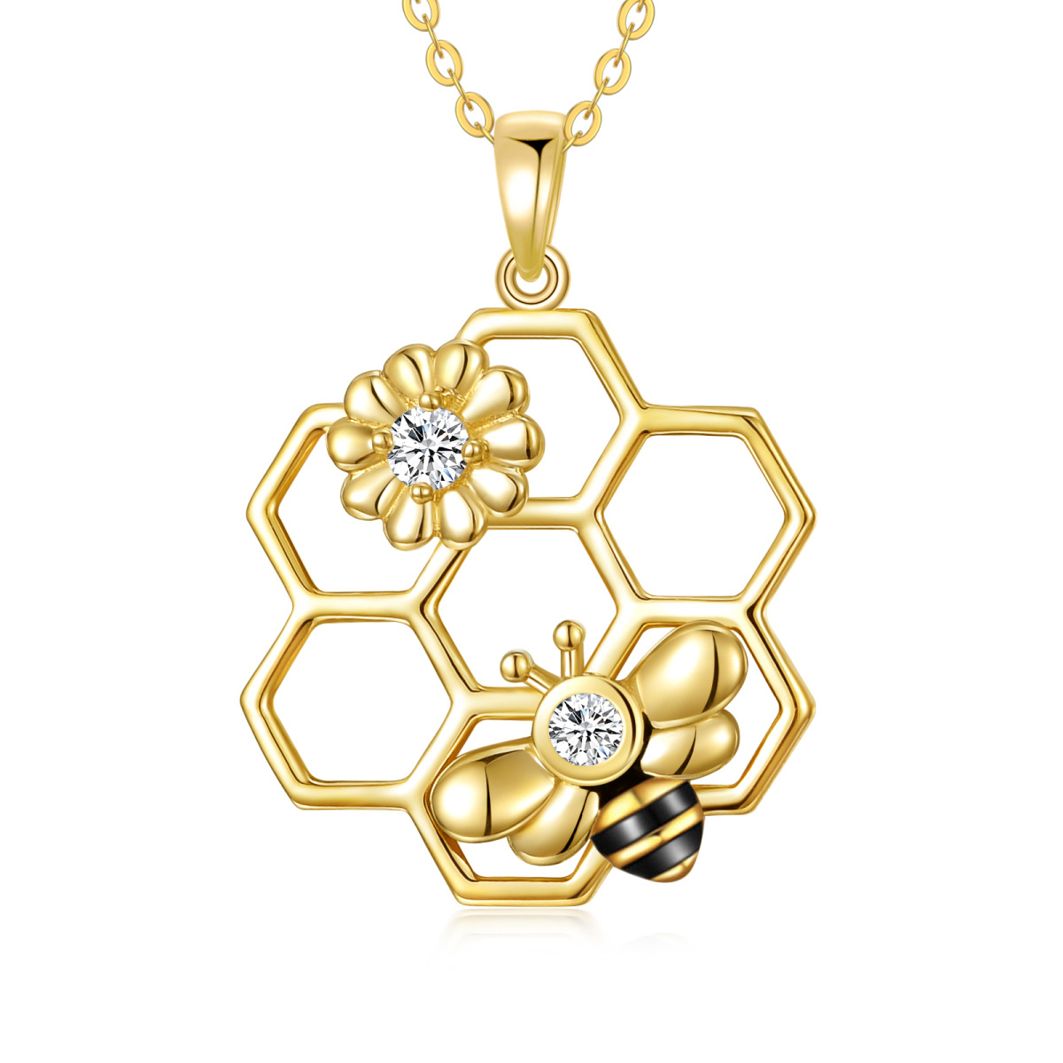 14K Gold Cubic Zirconia Bee & Sunflower Pendant Necklace-1