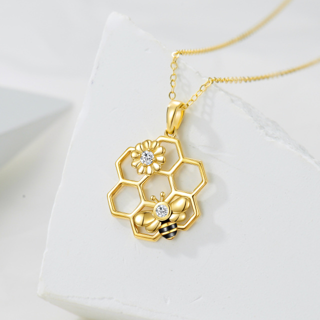 14K Gold Cubic Zirconia Bee & Sunflower Pendant Necklace-2