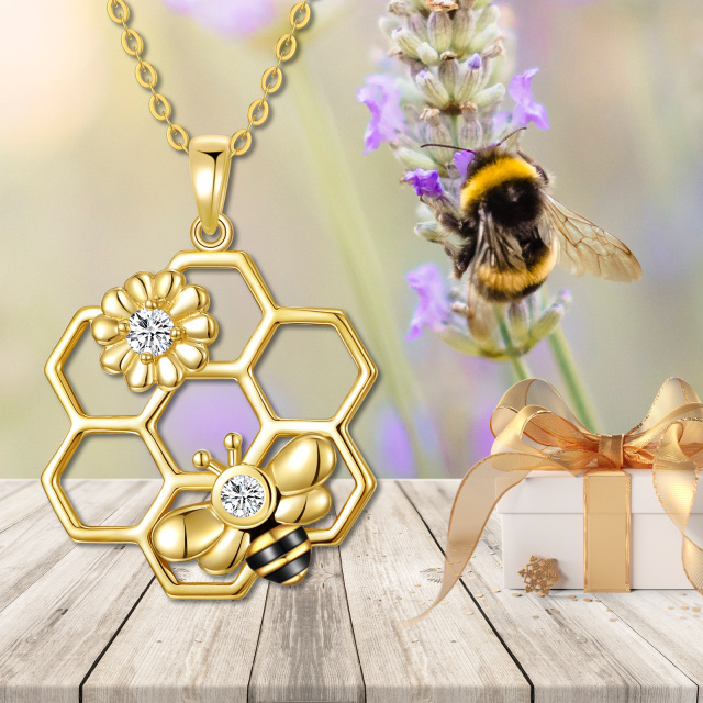 14K Gold Cubic Zirconia Bee & Sunflower Pendant Necklace-4