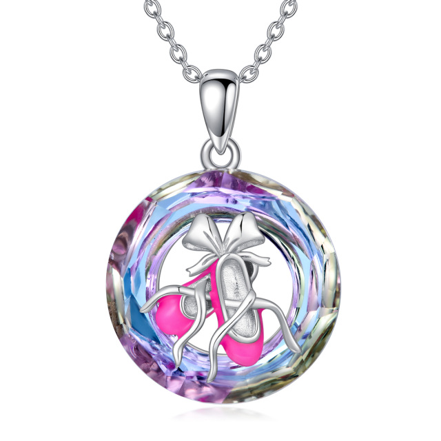 Sterling Silver Round Ballet Shoes Crystal Pendant Necklace-1
