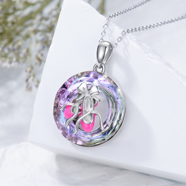 Sterling Silver Round Ballet Shoes Crystal Pendant Necklace-3