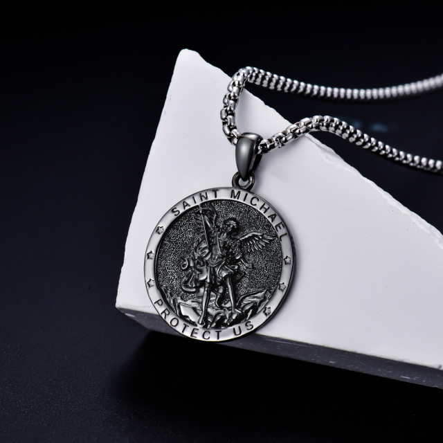 Sterling Silver with Black Rhodium Color Saint Michael Pendant Necklace with Engraved Word for Men-3