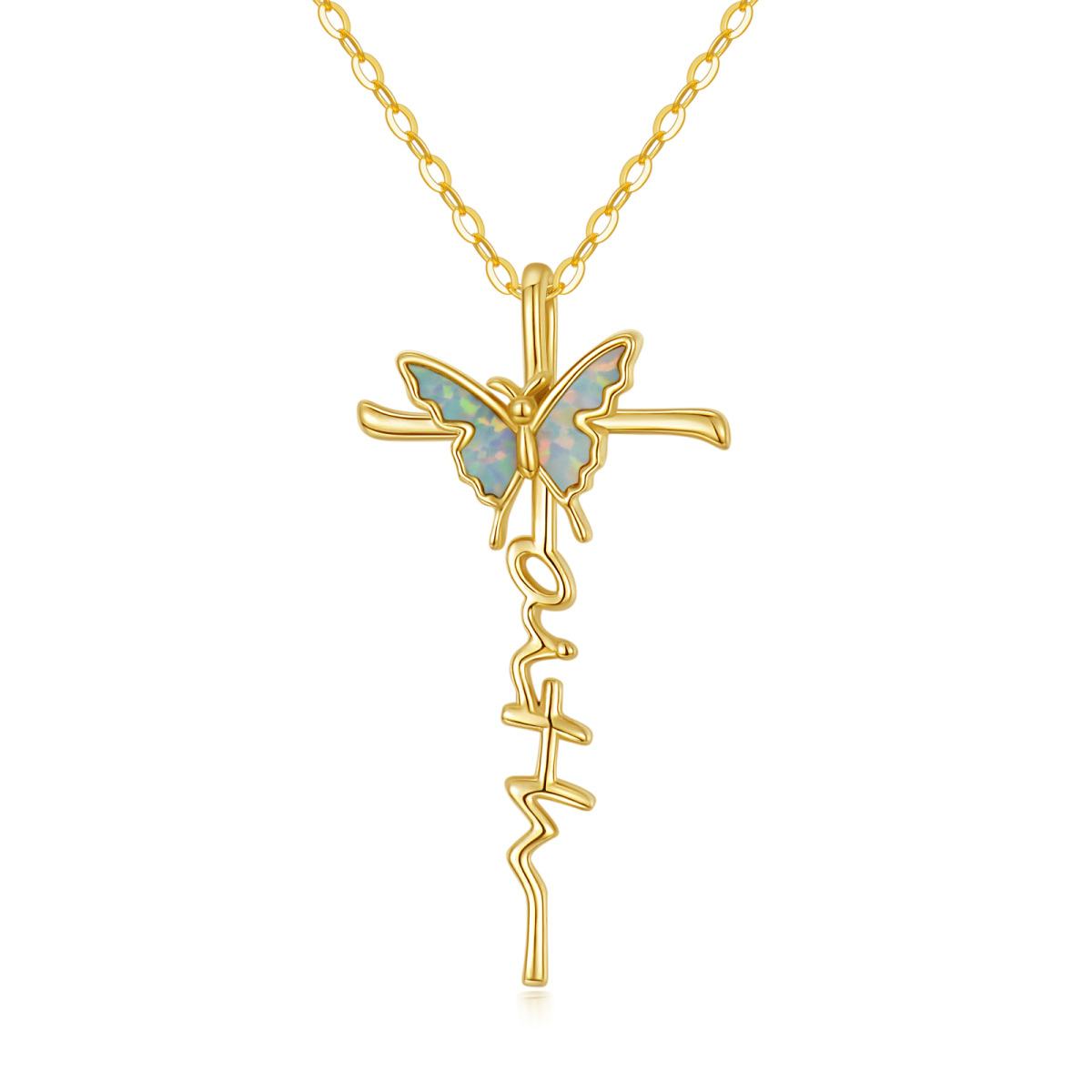 Collier pendentif papillon et croix en or 14K avec opale-1