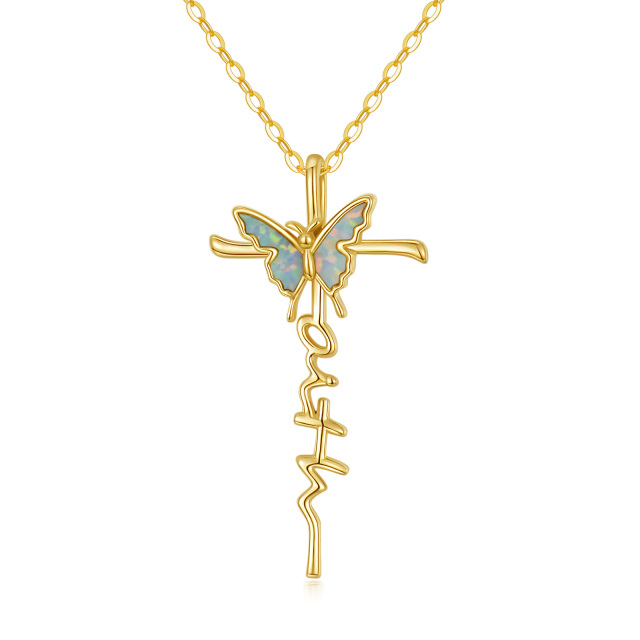 Collier pendentif papillon et croix en or 14K avec opale-0