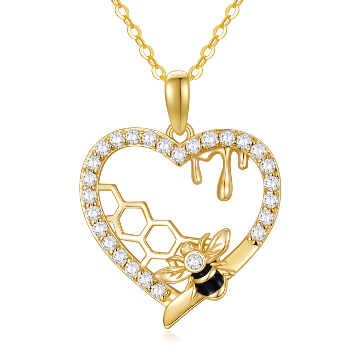 14K Gold Cubic Zirconia Bee & Heart & Honeycomb Pendant Necklace-1