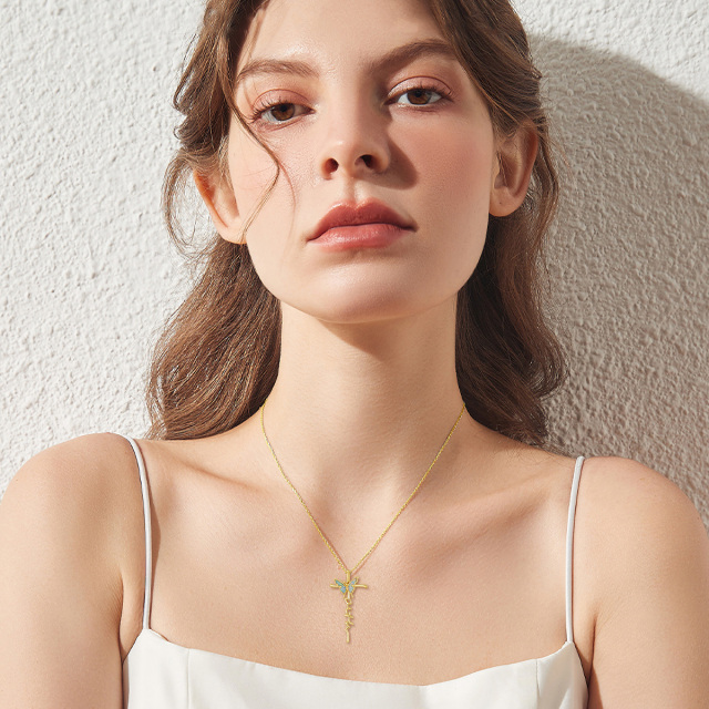 14K Gold Opal Butterfly & Cross Pendant Necklace-1