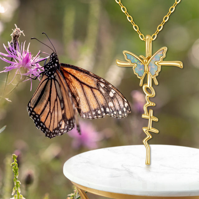 14K Gold Opal Butterfly & Cross Pendant Necklace-4