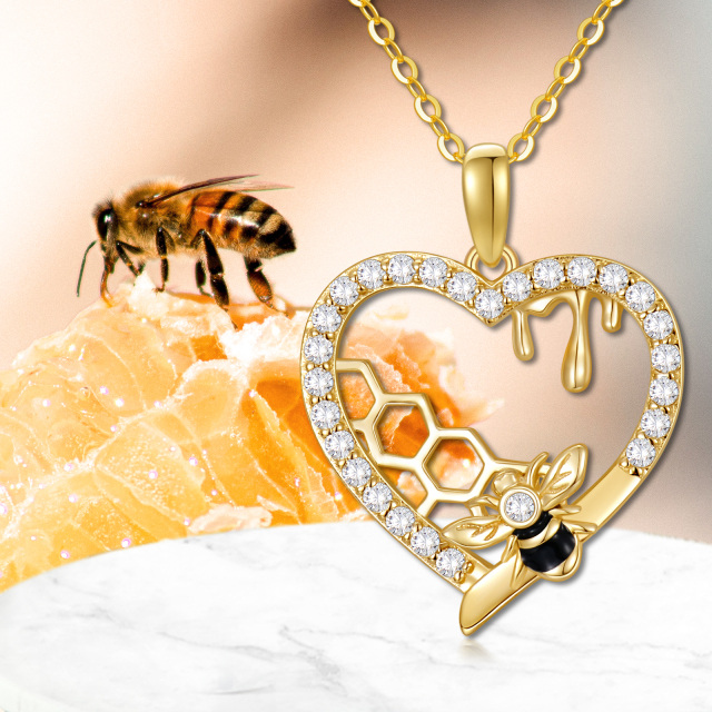 Collier en or 14K avec pendentif abeille, coeur et nid d'abeille en zircon cubique-4