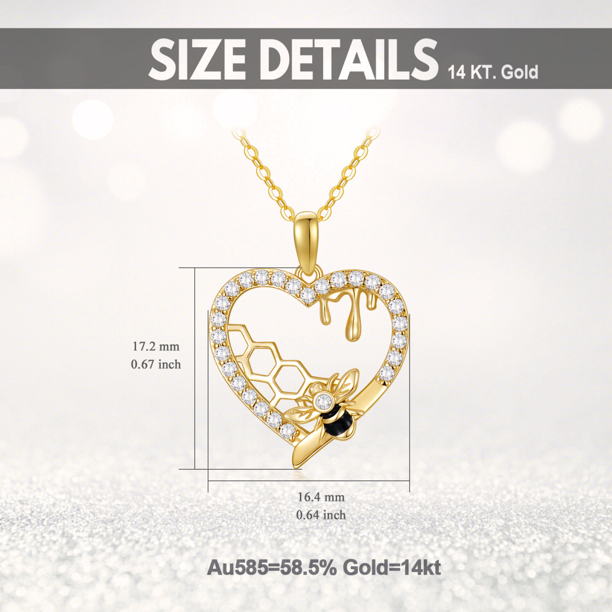 14K Gold Cubic Zirconia Bee & Heart & Honeycomb Pendant Necklace-6