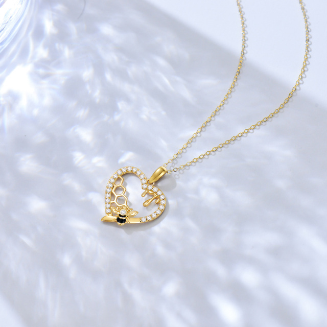 Collier en or 14K avec pendentif abeille, coeur et nid d'abeille en zircon cubique-2