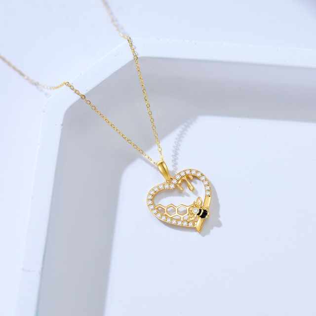 14K Gold Cubic Zirconia Bee & Heart & Honeycomb Pendant Necklace-3