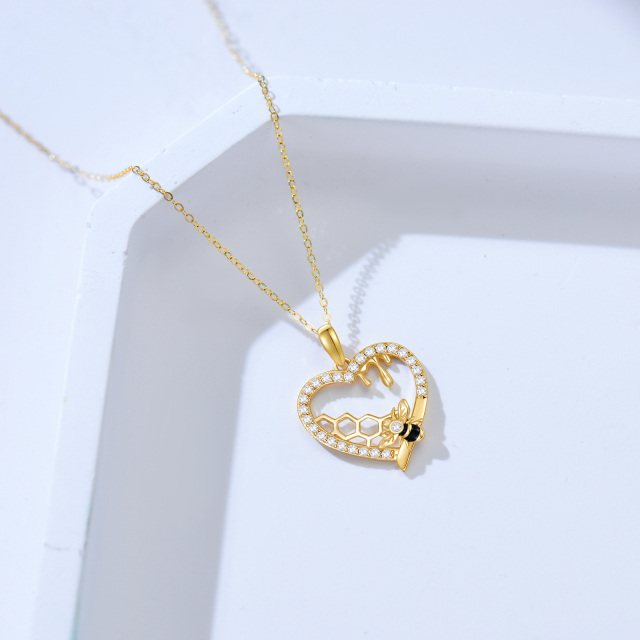 Collier en or 14K avec pendentif abeille, coeur et nid d'abeille en zircon cubique-3