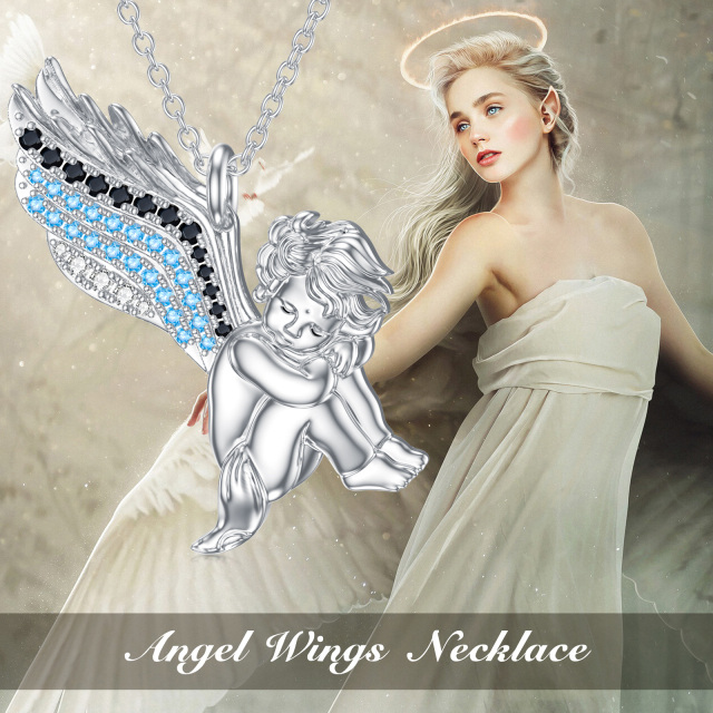 Sterling Silver Circular Shaped Cubic Zirconia Angel Wings Pendant Necklace-5