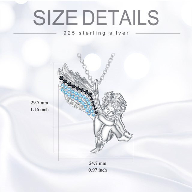 Sterling Silver Circular Shaped Cubic Zirconia Angel Wings Pendant Necklace-6