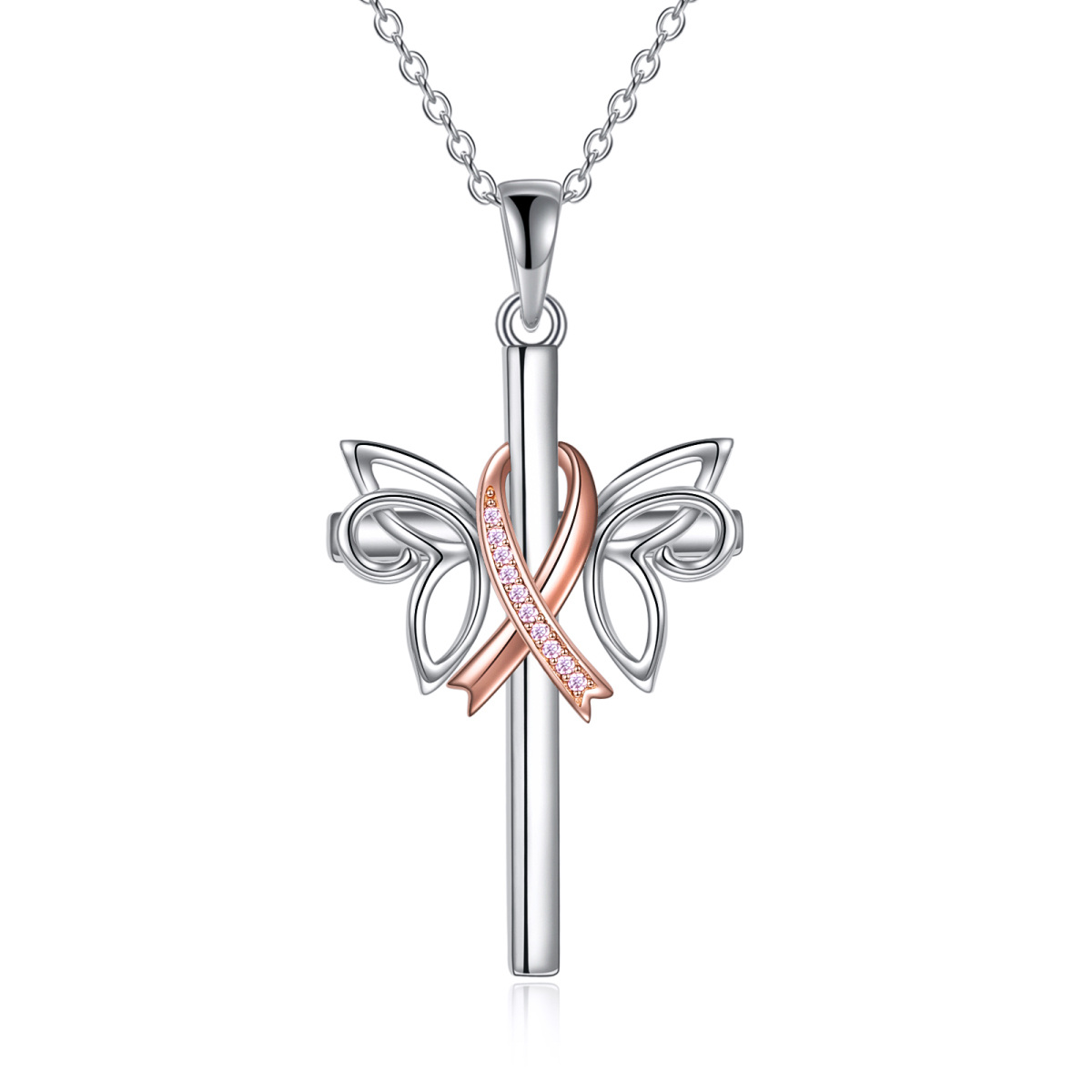 Sterling Silver Two-tone Circular Shaped Cubic Zirconia Butterfly & Cross Pendant Necklace-1