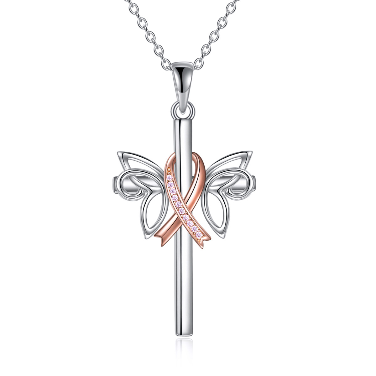 Sterling Silber zweifarbig kreisförmig Cubic Zirkonia Schmetterling & Kreuz-Anhänger Halsk-1