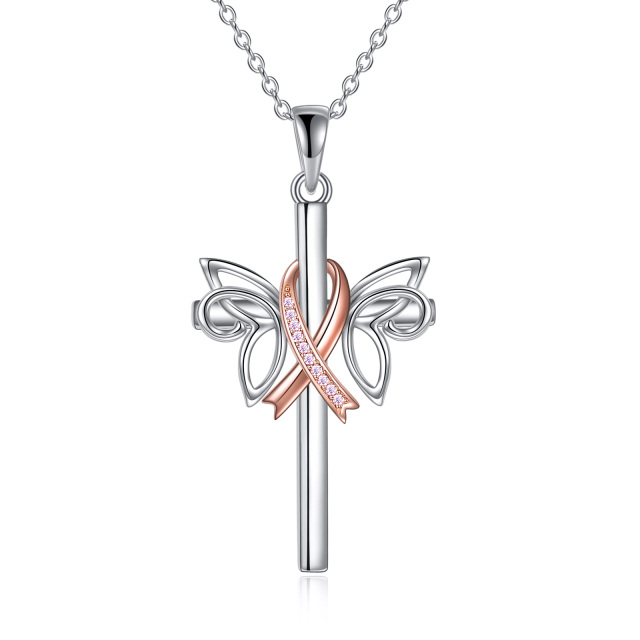 Sterling Silver Two-tone Circular Shaped Cubic Zirconia Butterfly & Cross Pendant Necklace-0