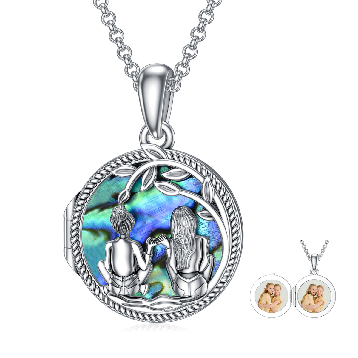 Sterling Silver Abalone Shellfish Sisters Personalized Photo Locket Necklace with Engraved Word-1