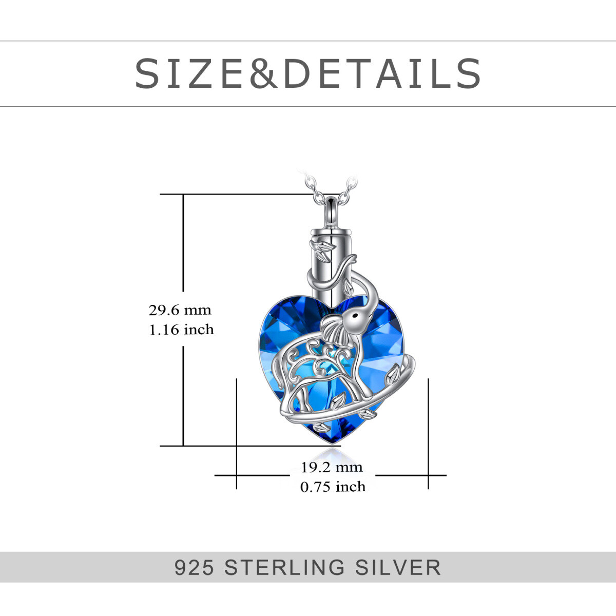 Sterling Silber Herz geformt Kristall Elefant & Herz Urne Halskette-5