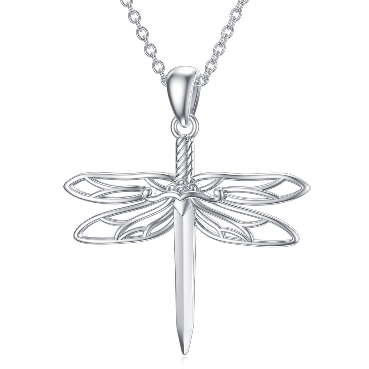 Sterling Silver Dragonfly & Sword Pendant Necklace-1