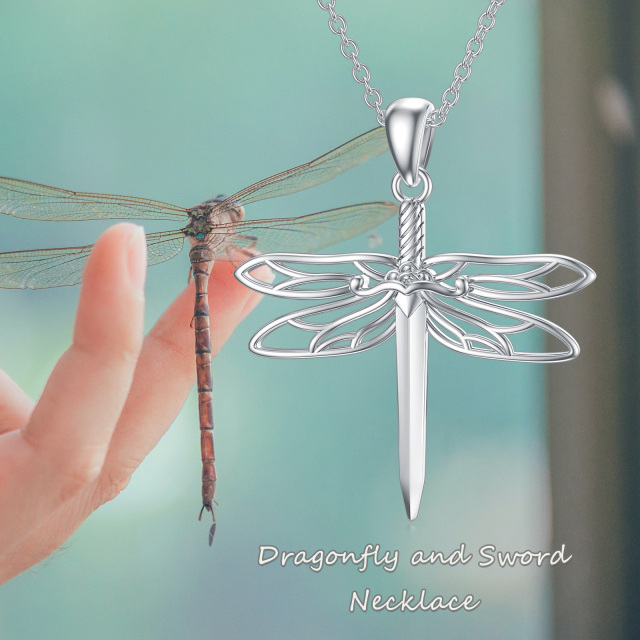 Sterling Silver Dragonfly & Sword Pendant Necklace-4
