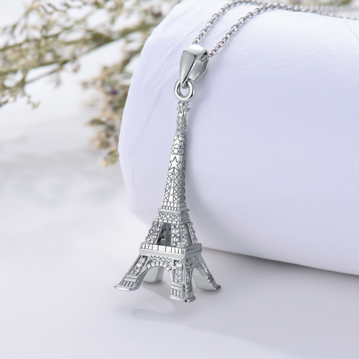 Sterling Silver Circular Shaped Cubic Zirconia Eiffel Tower Pendant Necklace-2