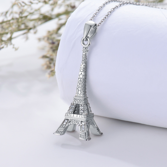 Sterling Silver Circular Shaped Cubic Zirconia Iron Tower Pendant Necklace-2