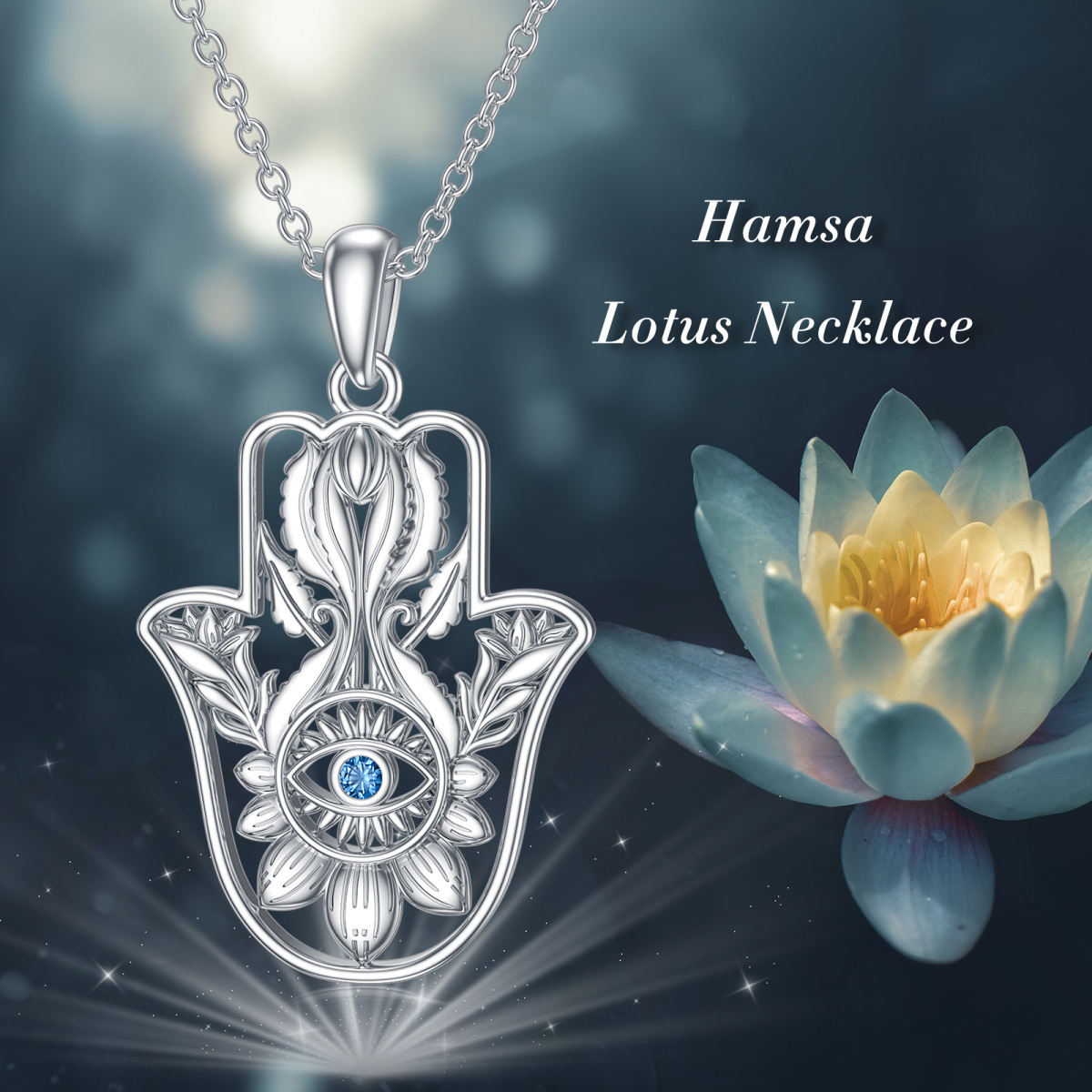 Sterling Silver Circular Shaped Cubic Zirconia Lotus & Evil Eye & Hamsa Hand Pendant Necklace-6