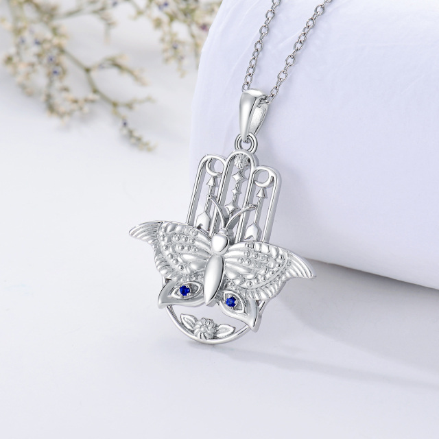 Sterling Silver Circular Shaped Cubic Zirconia Butterfly & Hamsa Hand Pendant Necklace-3