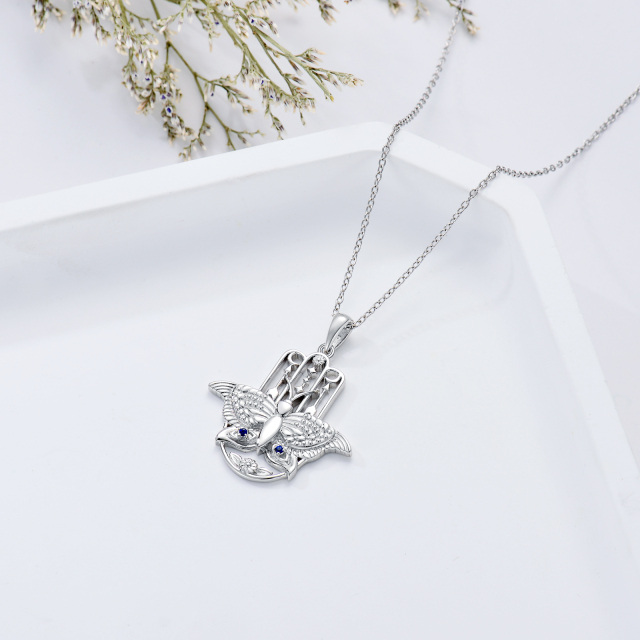 Sterling Silver Circular Shaped Cubic Zirconia Butterfly & Hamsa Hand Pendant Necklace-4