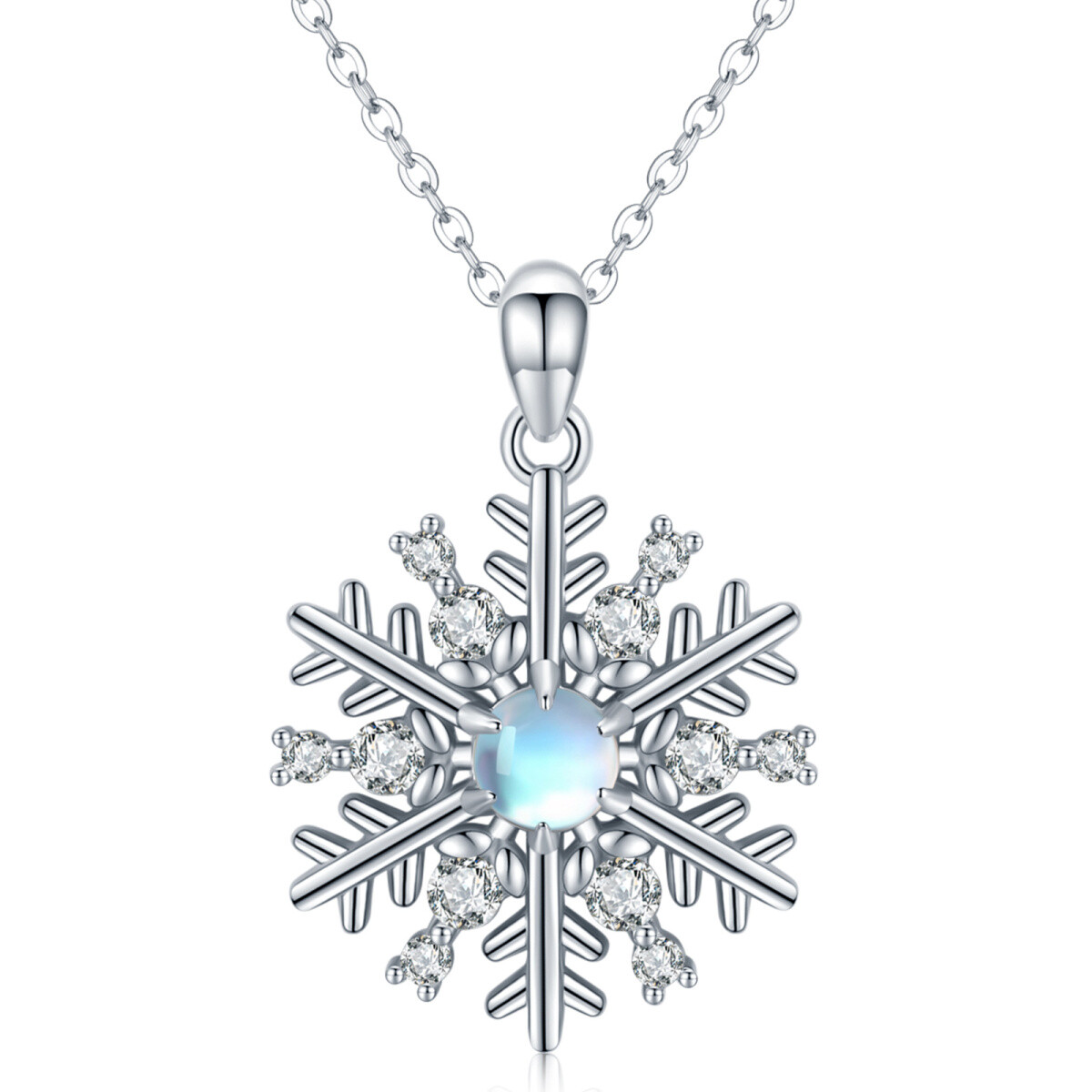Sterling Silver Circular Shaped Moonstone & Cubic Zirconia Snowflake Pendant Necklace-1