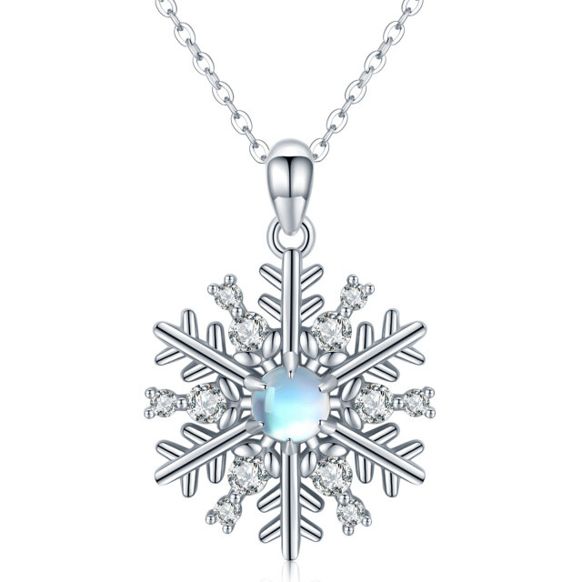 Sterling Silver Circular Shaped Moonstone & Cubic Zirconia Snowflake Pendant Necklace-0