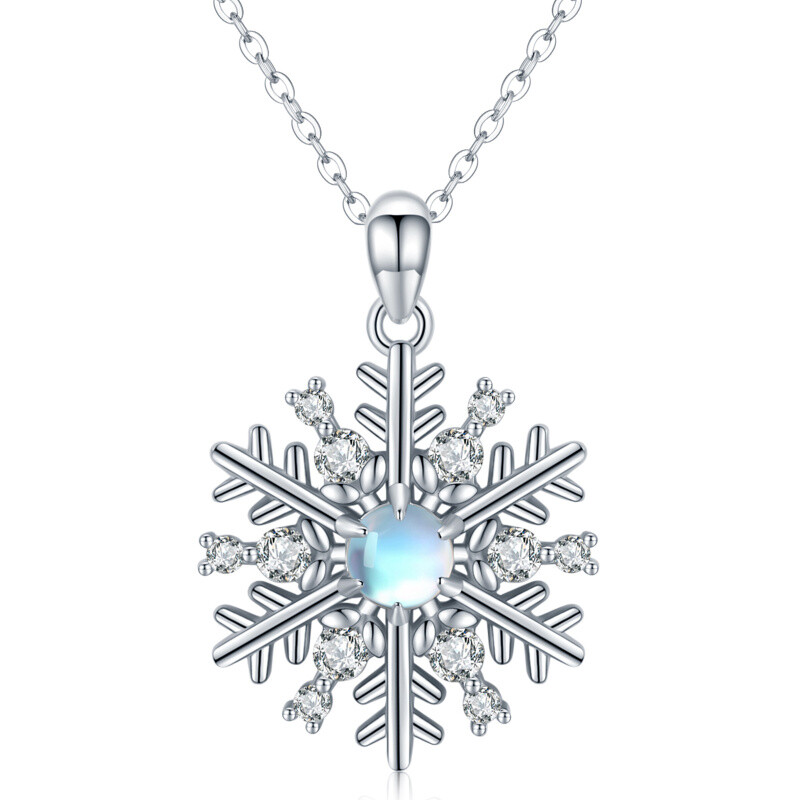 Sterling Silver Circular Shaped Moonstone & Cubic Zirconia Snowflake Pendant Necklace