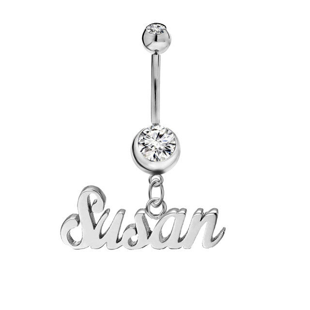 Sterling Silver with Rose Gold Plated Circular Shaped Cubic Zirconia Personalized Birthstone & Personalized Classic Name Belly Button Ring-0