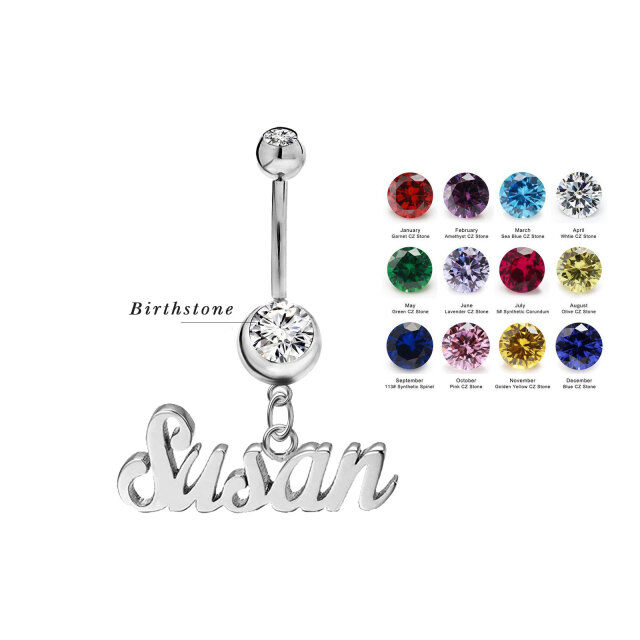 Sterling Silver with Rose Gold Plated Circular Shaped Cubic Zirconia Personalized Birthstone & Personalized Classic Name Belly Button Ring-5